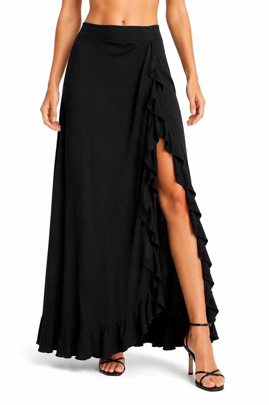 Express Y2K Black Ruffle Maxi Skirt S Flamenco Salsa Latin Dance Slit Rayon Boho